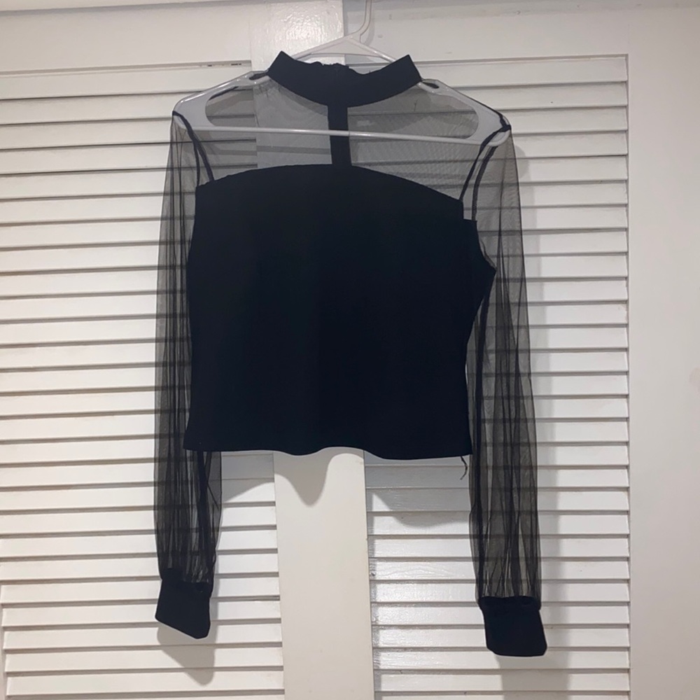Sheer Mesh Yoke Long Sleeve Top